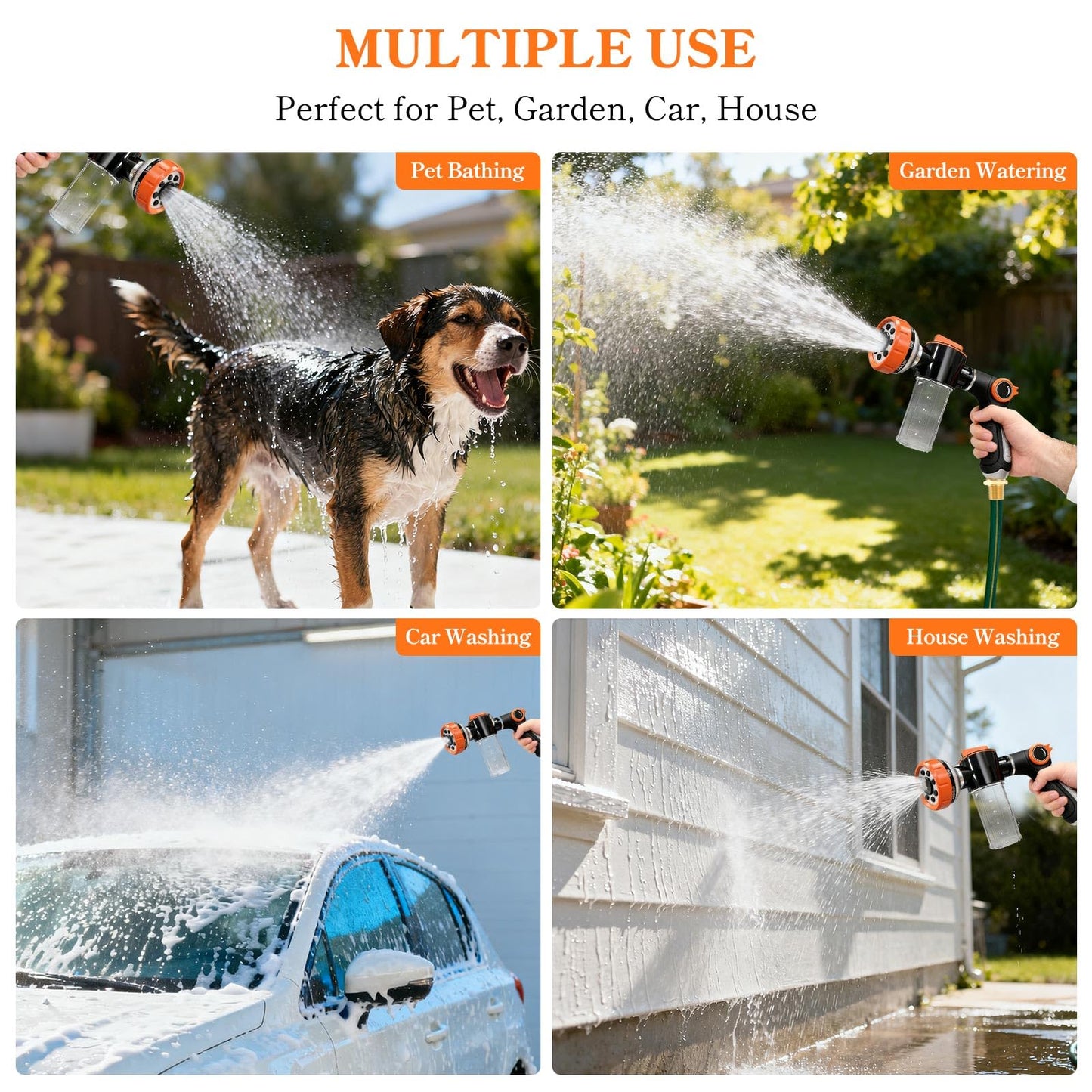 SCHITEC Upgraded Dog Wash Hose Attachment with 100cc Soap Dispenser, 8-in-1 Spray Modes Dog Shampoo Sprayer Nozzle Pet Shower Attachment for Bathing Dogs, Car Wash, Garden Watering