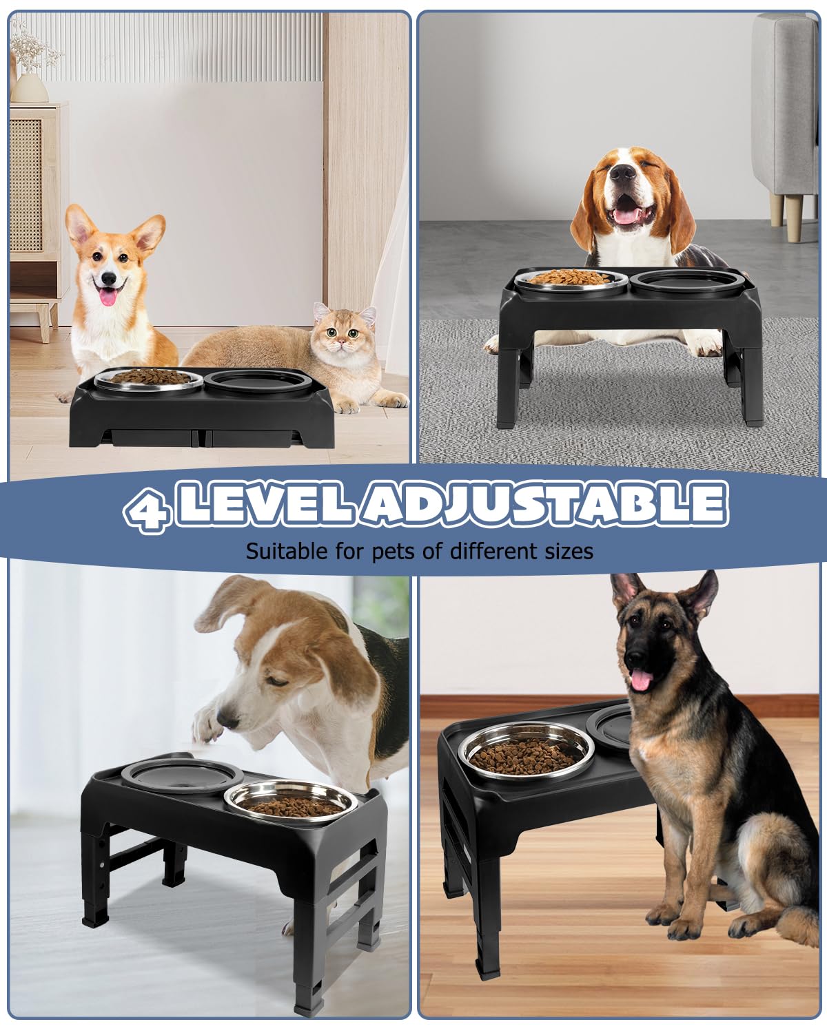 Elevated Dog Bowls, Raised Bowl Stand with No Spill Slow Water Feeder & Stainless Steel Food Dish, Feeding Station with 4 Adjustable Heights for Small Medium Large Dogs