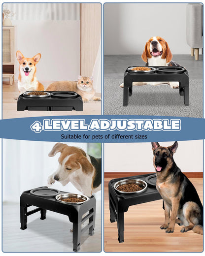 Elevated Dog Bowls, Raised Bowl Stand with No Spill Slow Water Feeder & Stainless Steel Food Dish, Feeding Station with 4 Adjustable Heights for Small Medium Large Dogs